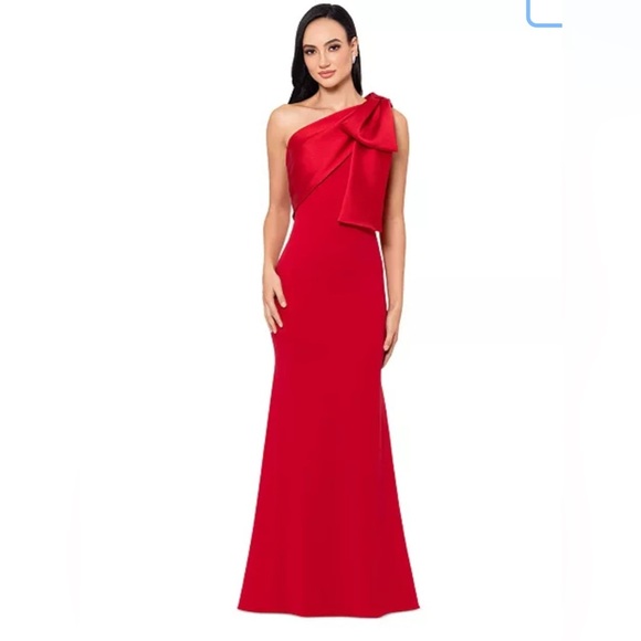 Nwt betsy & Adam Vibrant Red One-Shoulder big bow Gown made in USA size 14 - Picture 1 of 16